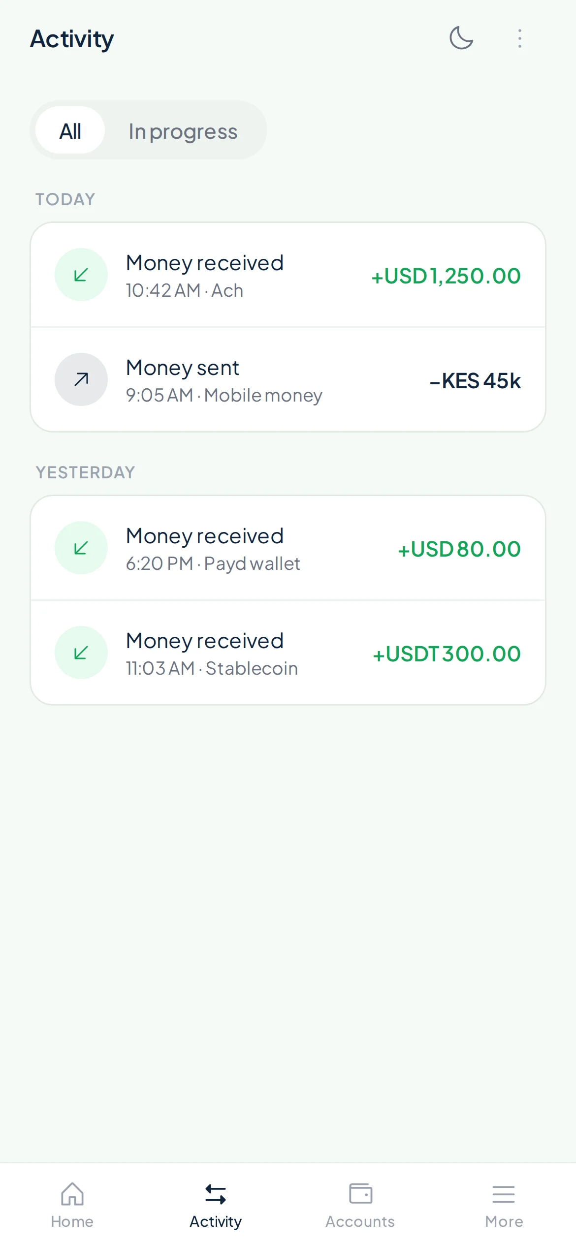 Payd activity showing USDT received