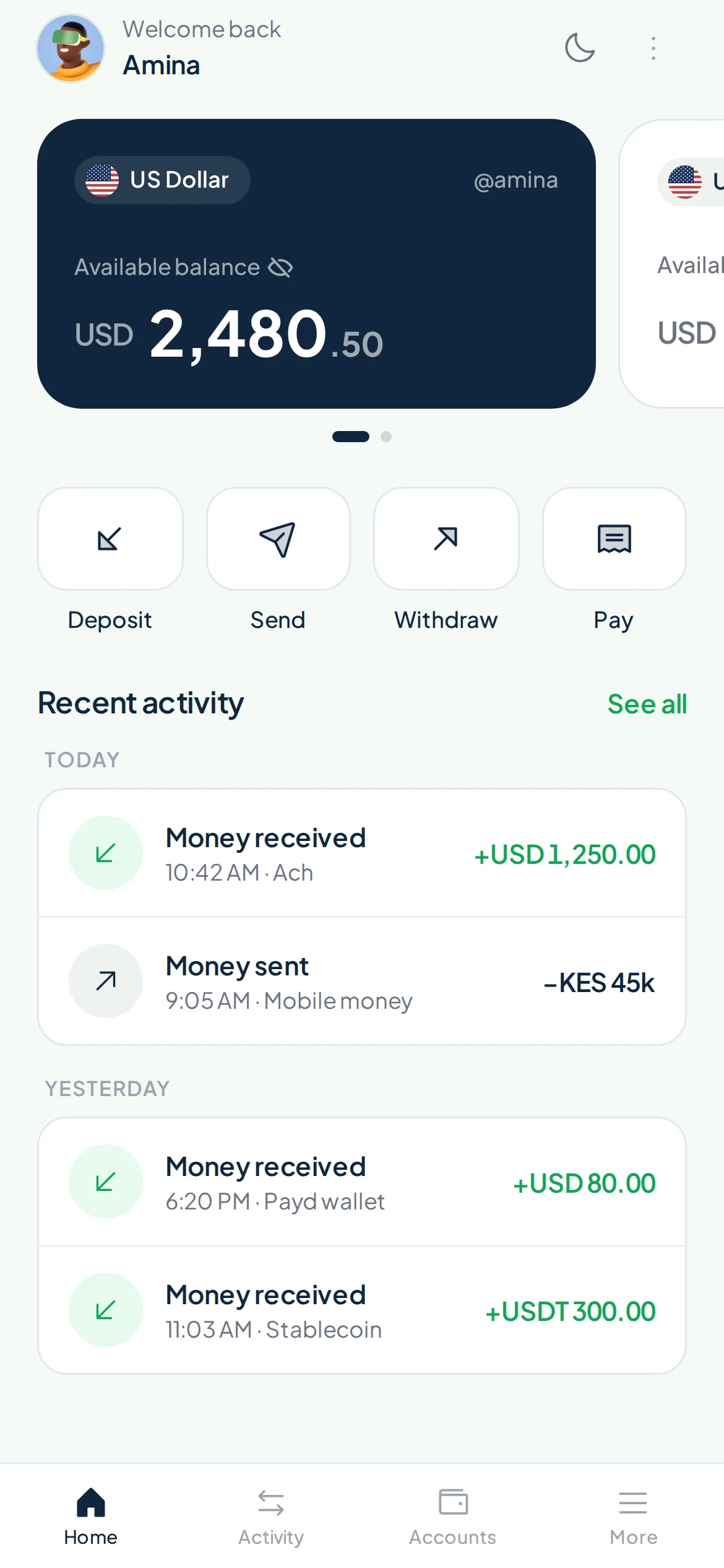 The Payd app home screen with a US dollar balance and recent payments