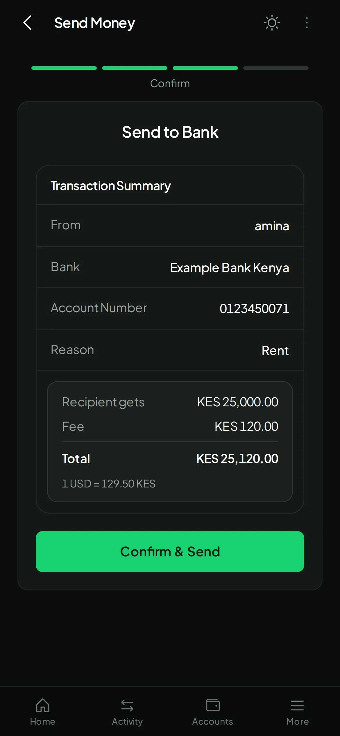 Confirming a KES 25,000 bank transfer with a KES 120 fee in the Payd app