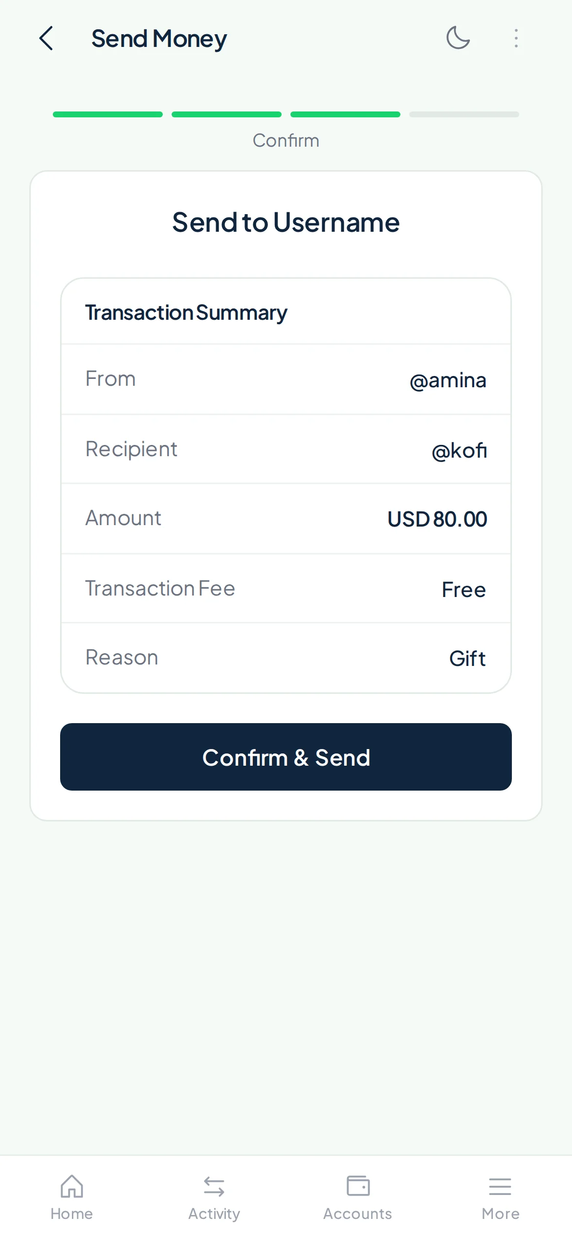Sending $80 to @kofi for free in the Payd app