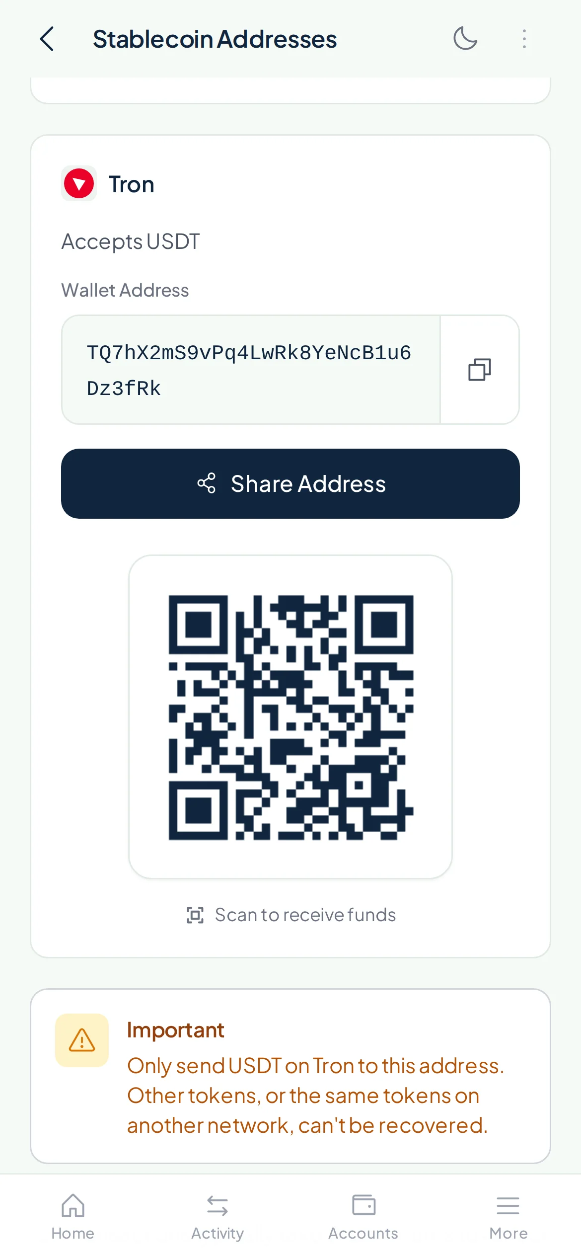 A USDT address on Tron with a QR code in the Payd app