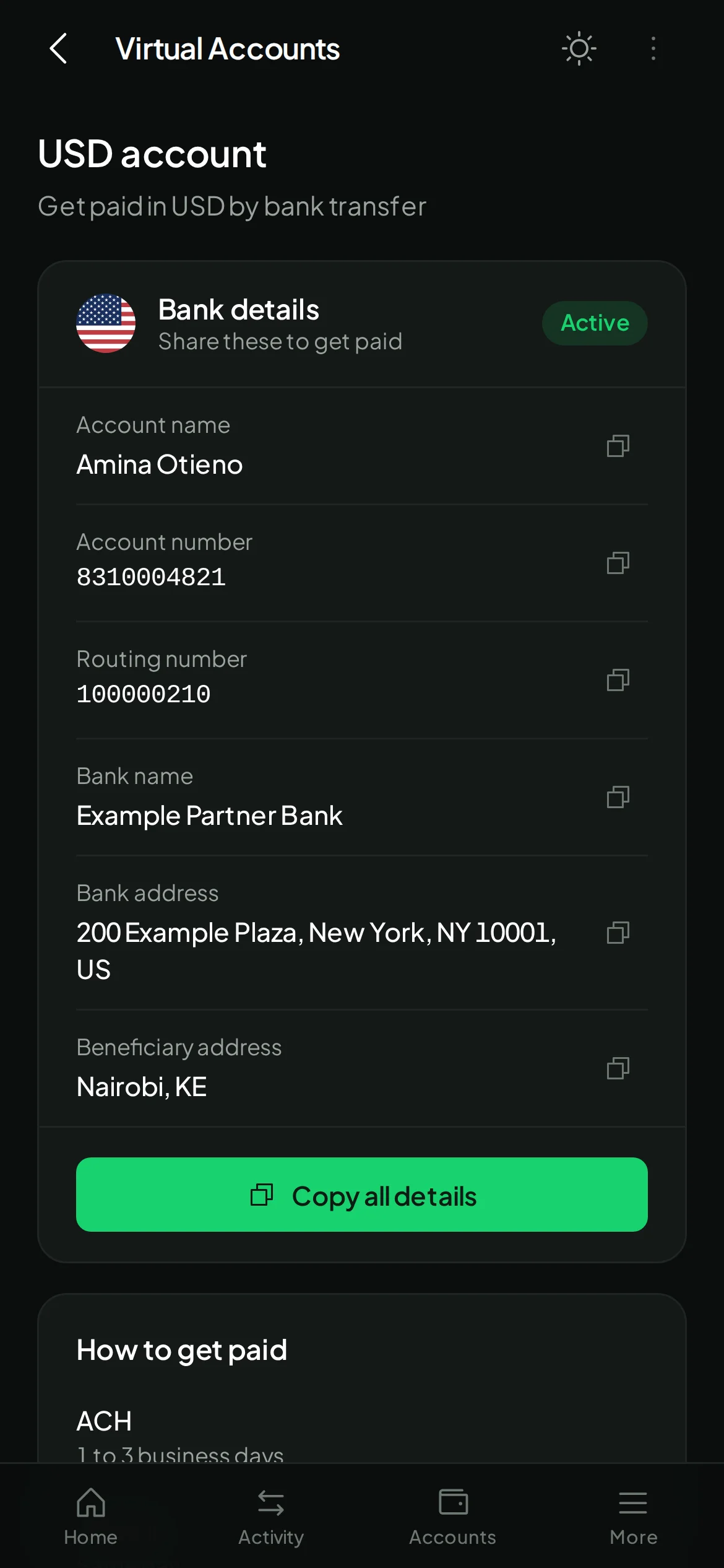 USD account details in the Payd app: account and routing numbers for ACH and wire